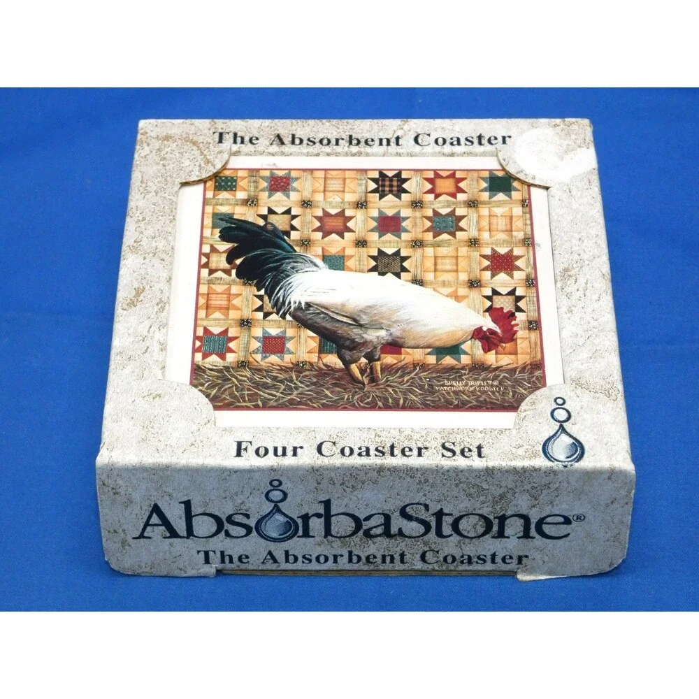 AbsorbaStone Absorbent Stone Coasters Patchwork Rooster Set Of 4 in Box Triplett